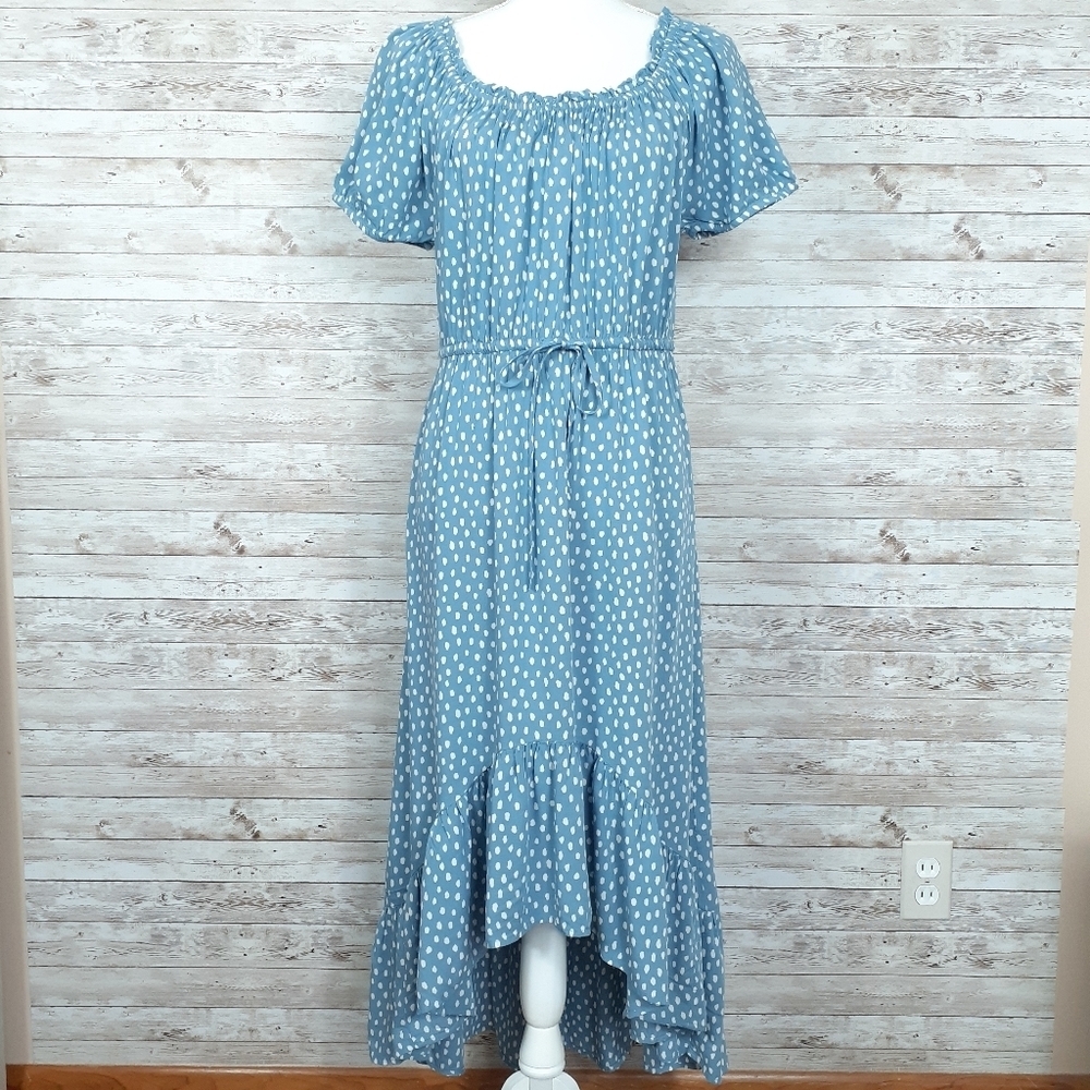 Style & Co Polka Dot Dress Tie Waist Blue 552